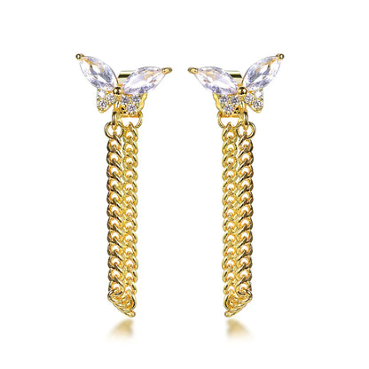 Wholesale Silver Gold Plated Cubic Zircon Tassel Drop Butterfly Chain Earrings