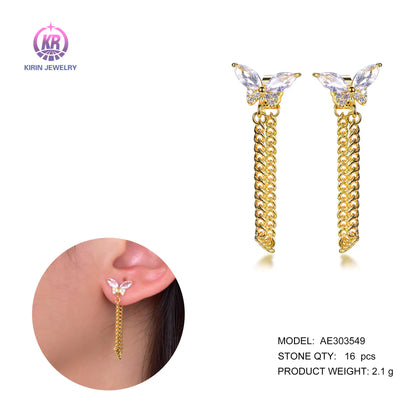 Wholesale Silver Gold Plated Cubic Zircon Tassel Drop Butterfly Chain Earrings for Women