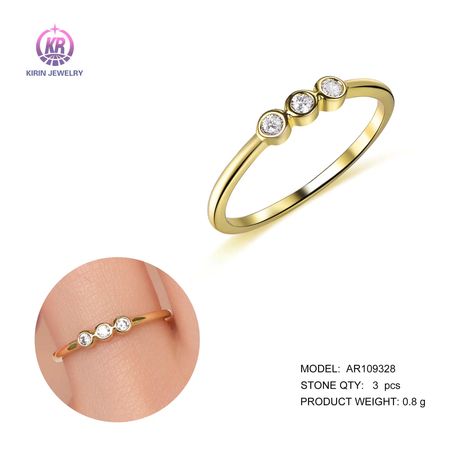 Wholesale Silver Gold Plated Cubic Zircon Thin Band Bezel Set Three Stone Ring​ for Women