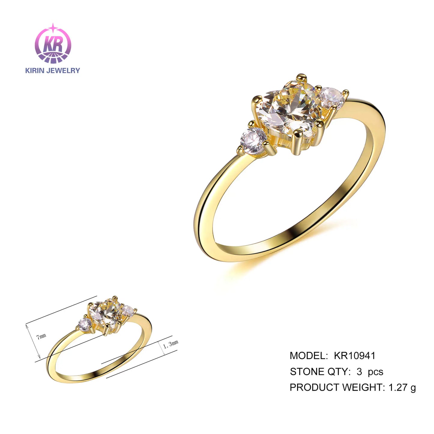 Wholesale Silver Gold Plated Cubic Zircon Three Stone Heart Shape Solitaire Ring for Women