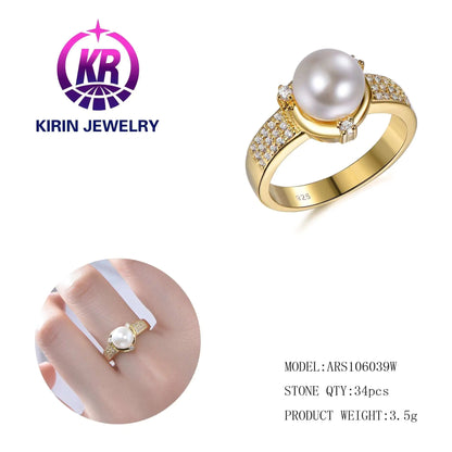 Wholesale Silver Gold Plated Cubic Zirconia Freshwater Pearl Engagement Rings for Women