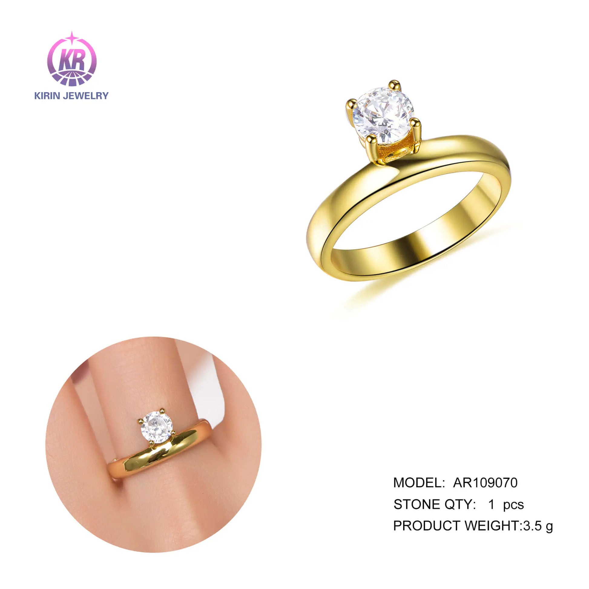 Wholesale Silver Gold Plated Cubic Ziron Asymmetrical Round Solitaire Ring for Women
