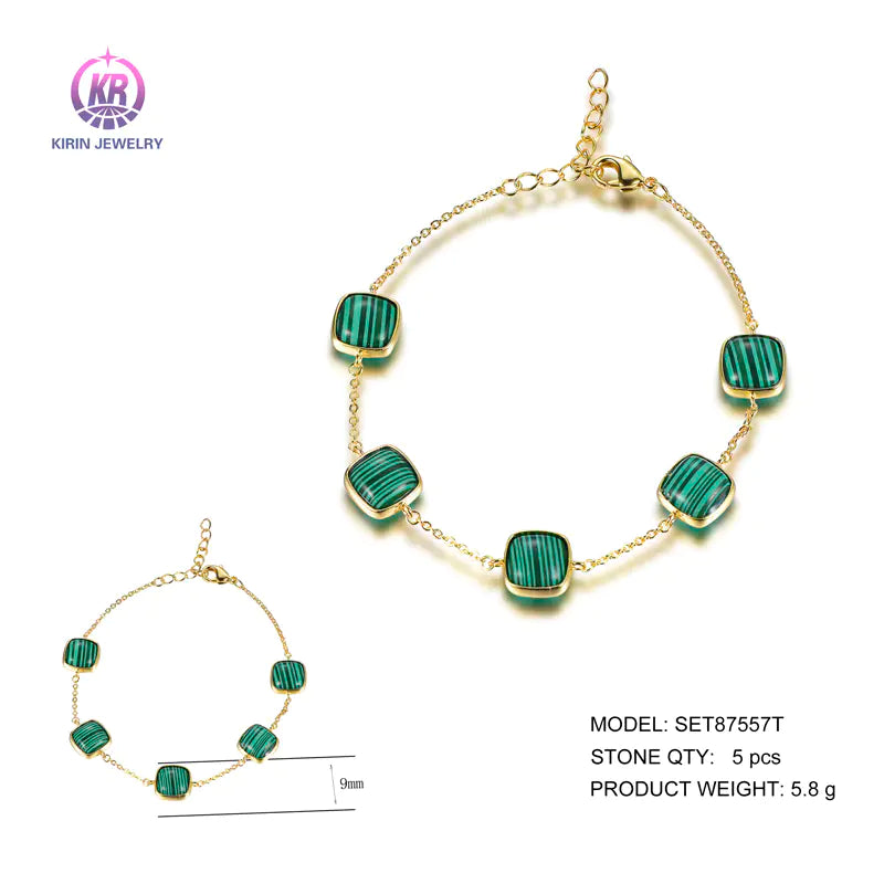 Wholesale Silver Gold Plated Five Cushion Cut Malakite Unique Design Bracelet​ for Women