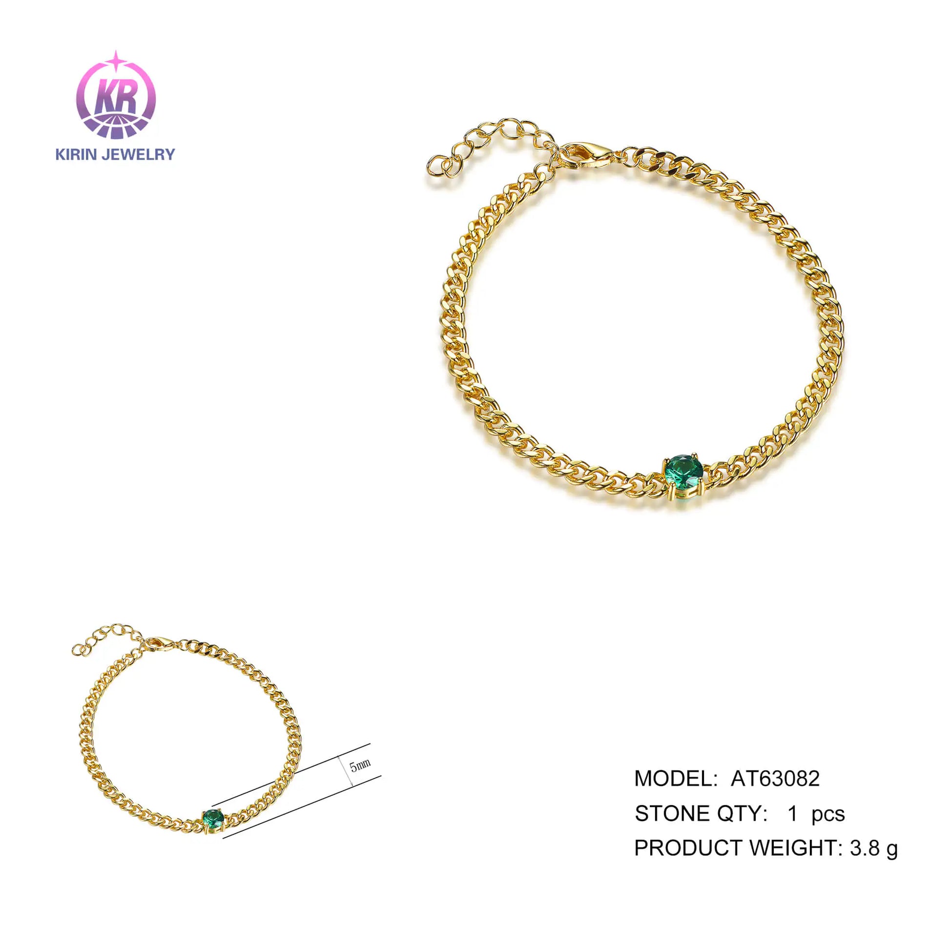 Wholesale Silver Gold Plated Glass Curb Link Chain Lab Emerald Bracelet for Women
