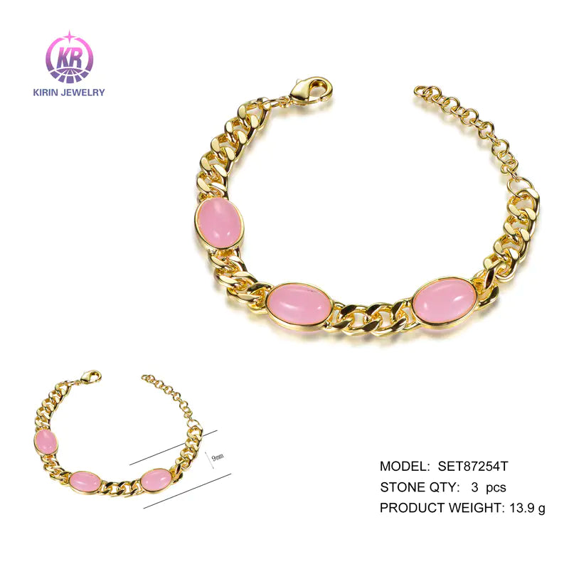 Wholesale Silver Gold Plated Glass Curb Link Oval Custom Gemstone Bracelet for Women
