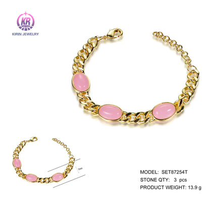 Wholesale Silver Gold Plated Glass Curb Link Oval Custom Gemstone Bracelet for Women