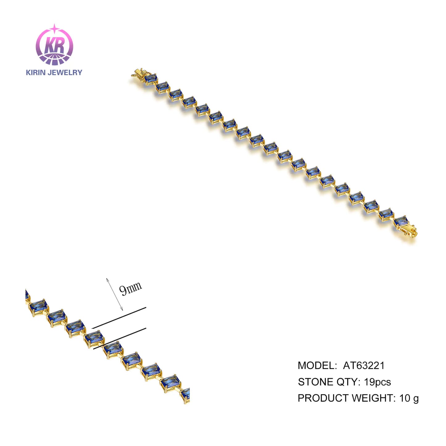 Wholesale Silver Gold Plated Glass Inclined Rectangle Created Sapphire Tennis Bracelet for Women