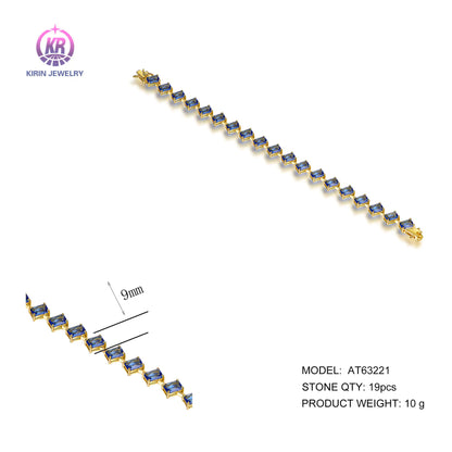 Wholesale Silver Gold Plated Glass Inclined Rectangle Created Sapphire Tennis Bracelet for Women