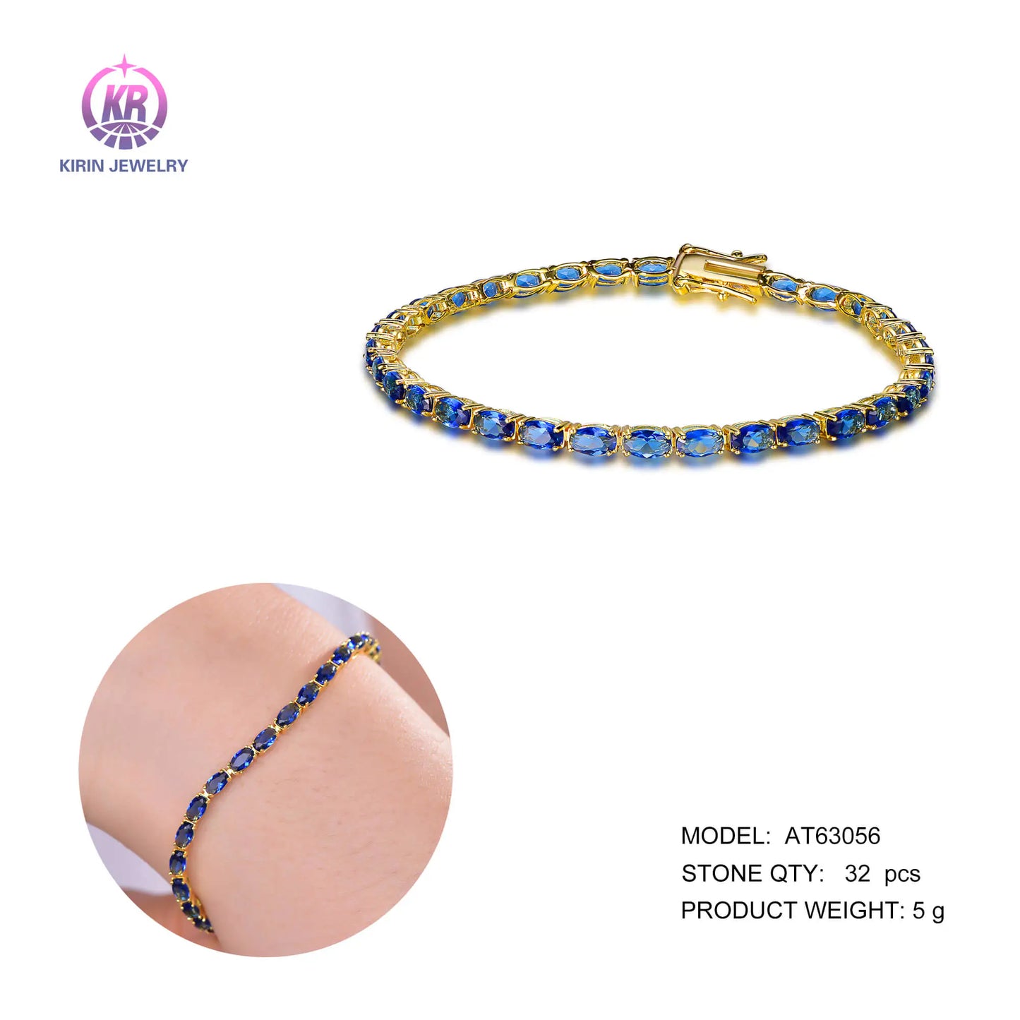 Wholesale Silver Gold Plated Glass Oval-Cut Lab Sapphire Tennis Bracelet​ for Women