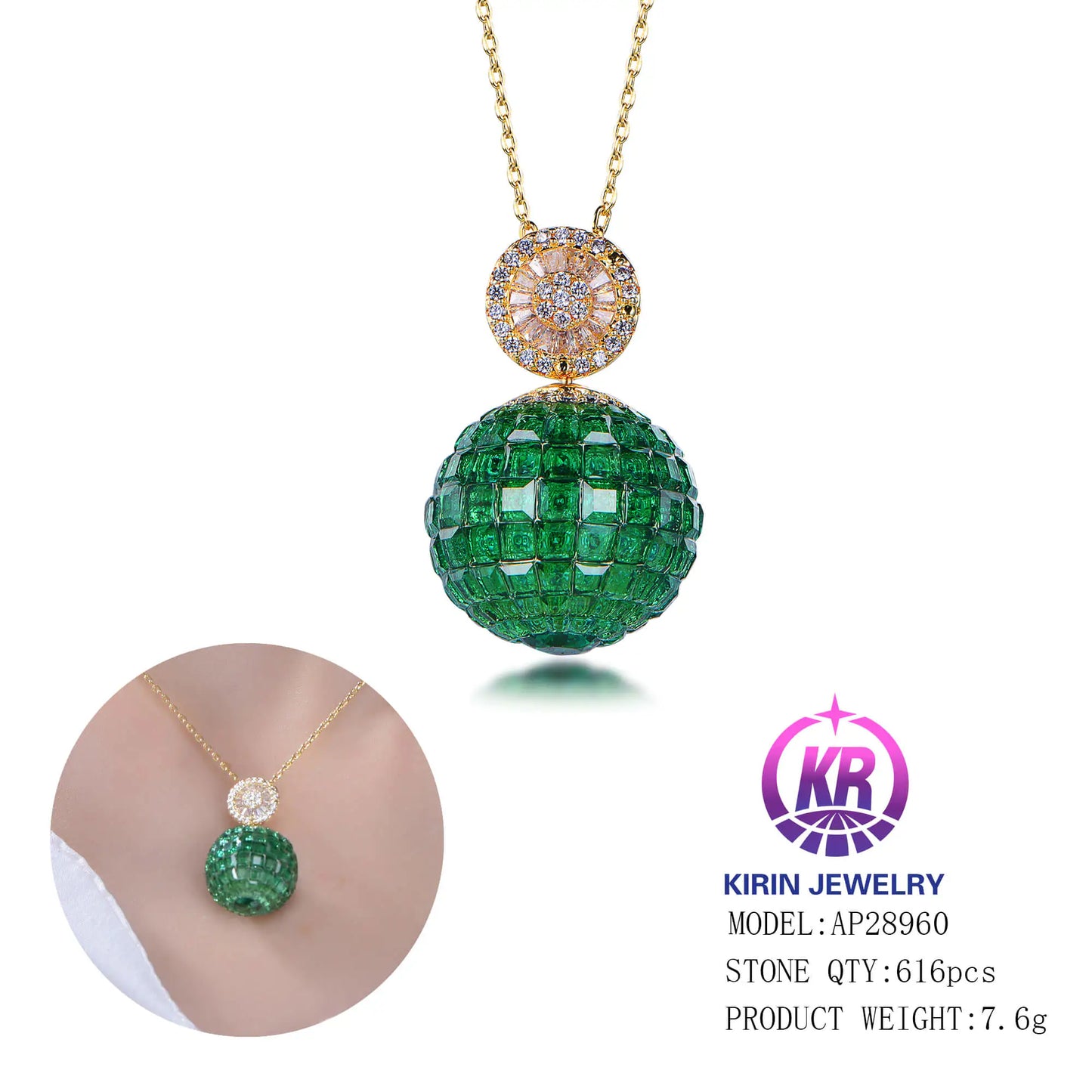 Wholesale Silver Gold Plated Green Spinel & CZ Pave Choker Ball Pendant Necklace for Women