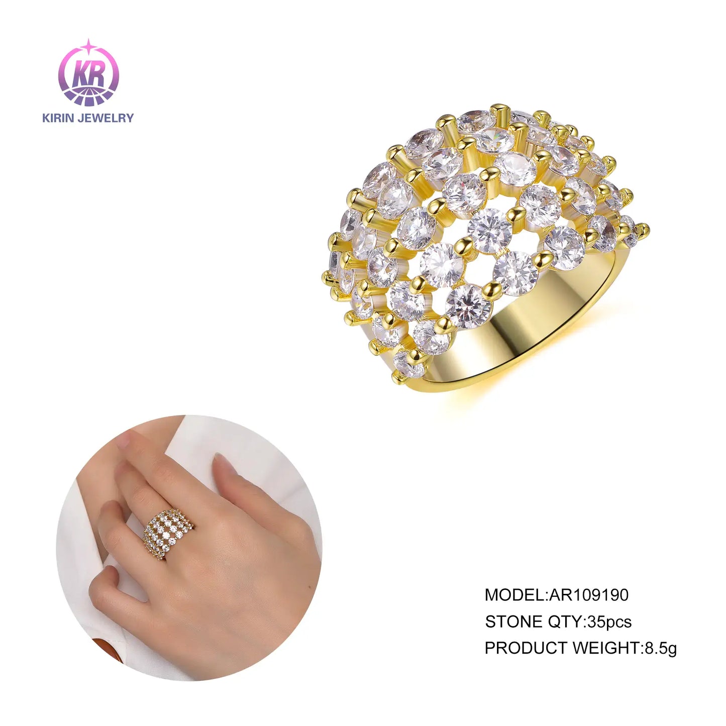 Wholesale Silver Gold Plated Hollow 5 Row CZ Pave Setting Wide Engagement Rings for Women