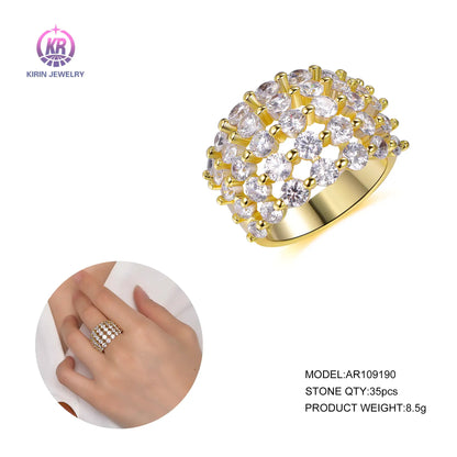 Wholesale Silver Gold Plated Hollow 5 Row CZ Pave Setting Wide Engagement Rings for Women