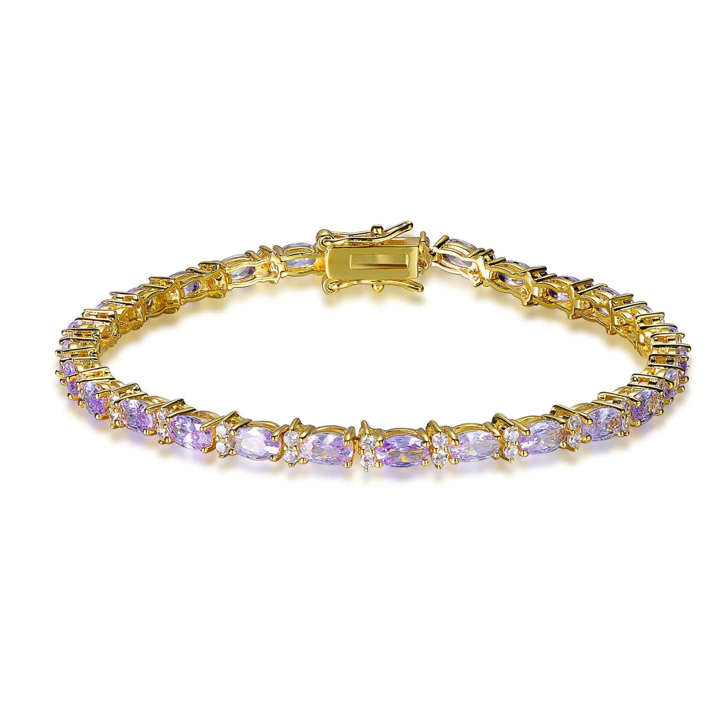 Wholesale Silver Gold Plated Light Purple CZ Oval-Cut Gemstone Tennis Bracelet​