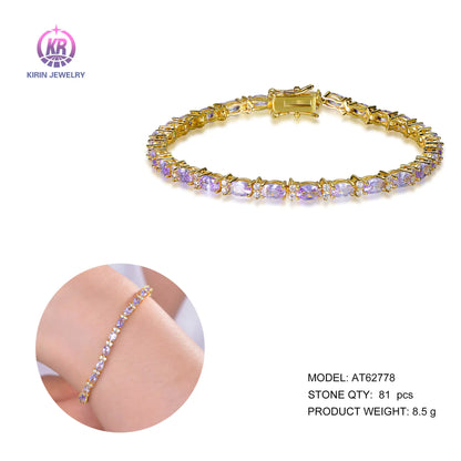 Wholesale Silver Gold Plated Light Purple CZ Oval-Cut Gemstone Tennis Bracelet​ for Women