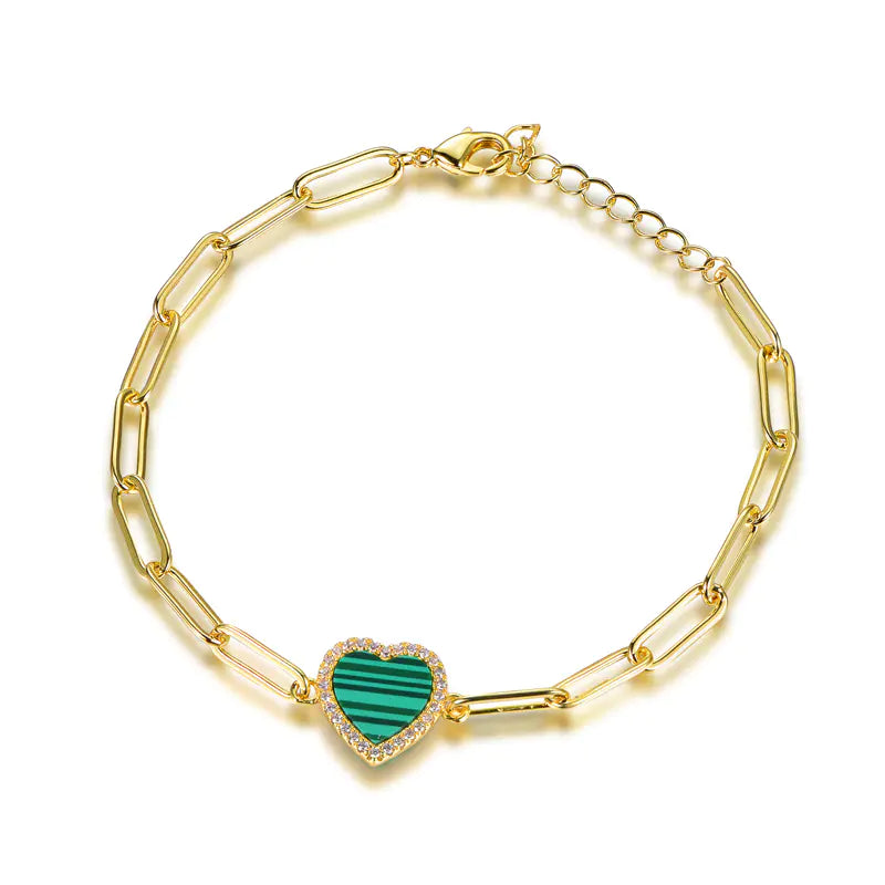 Wholesale Silver Gold Plated Malakite & CZ Paperclip Link Heart Shaped Bracelet
