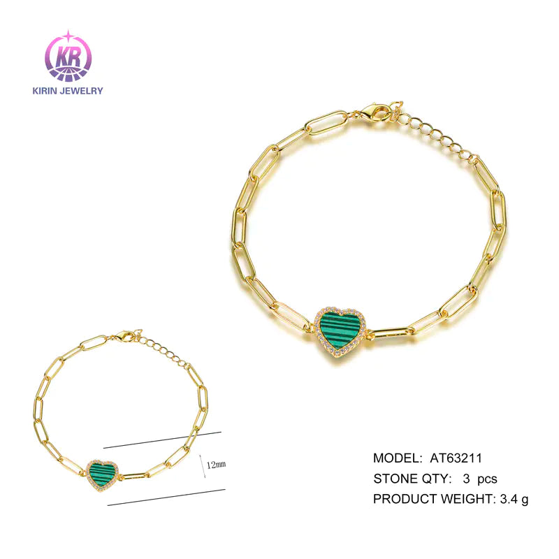 Wholesale Silver Gold Plated Malakite & CZ Paperclip Link Heart Shaped Bracelet for Women