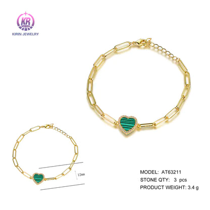 Wholesale Silver Gold Plated Malakite & CZ Paperclip Link Heart Shaped Bracelet for Women