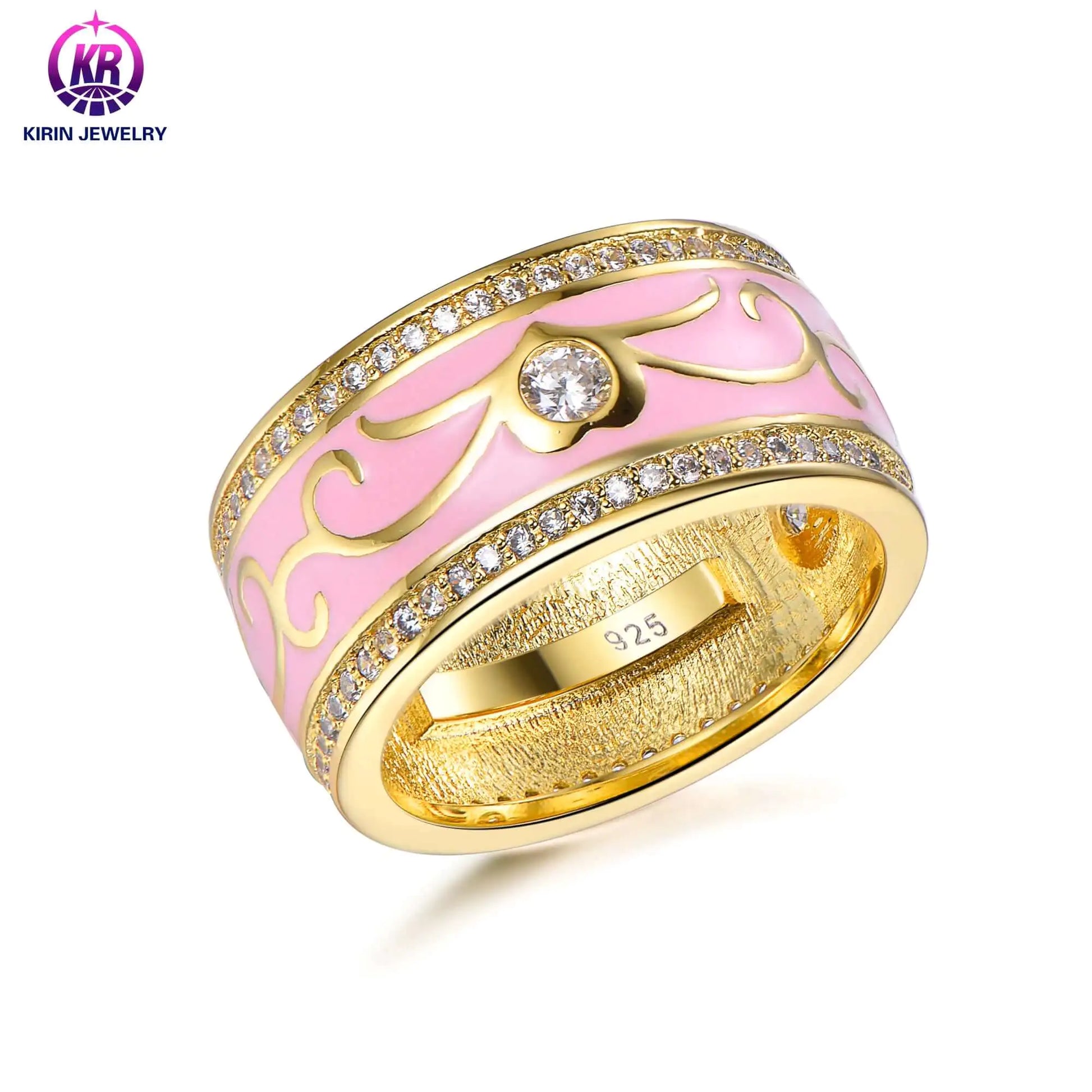 Wholesale Silver Gold Plated Pink Enamel & CZ Chunky Bohemian Engagement Rings