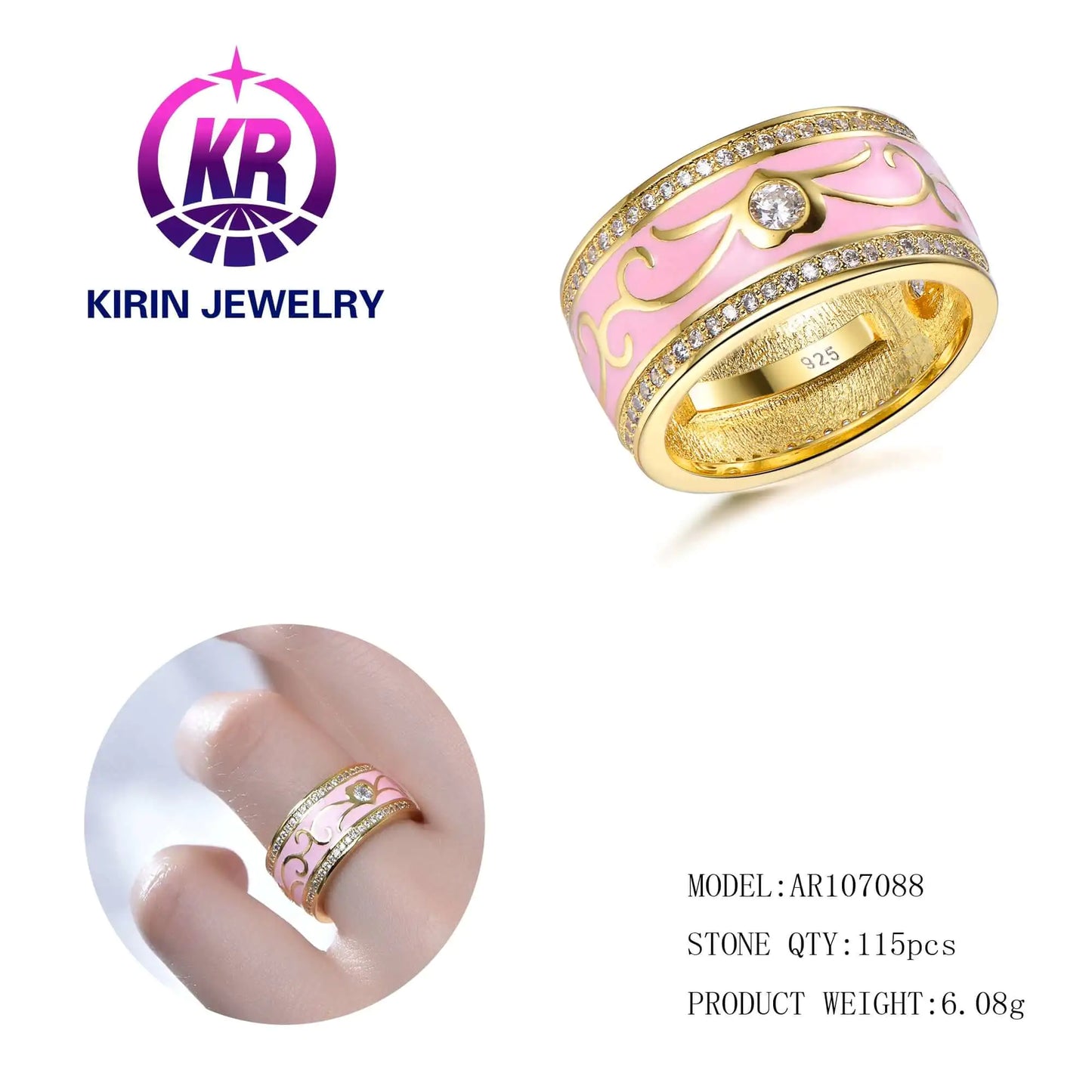 Wholesale Silver Gold Plated Pink Enamel & CZ Chunky Bohemian Engagement Rings for Women