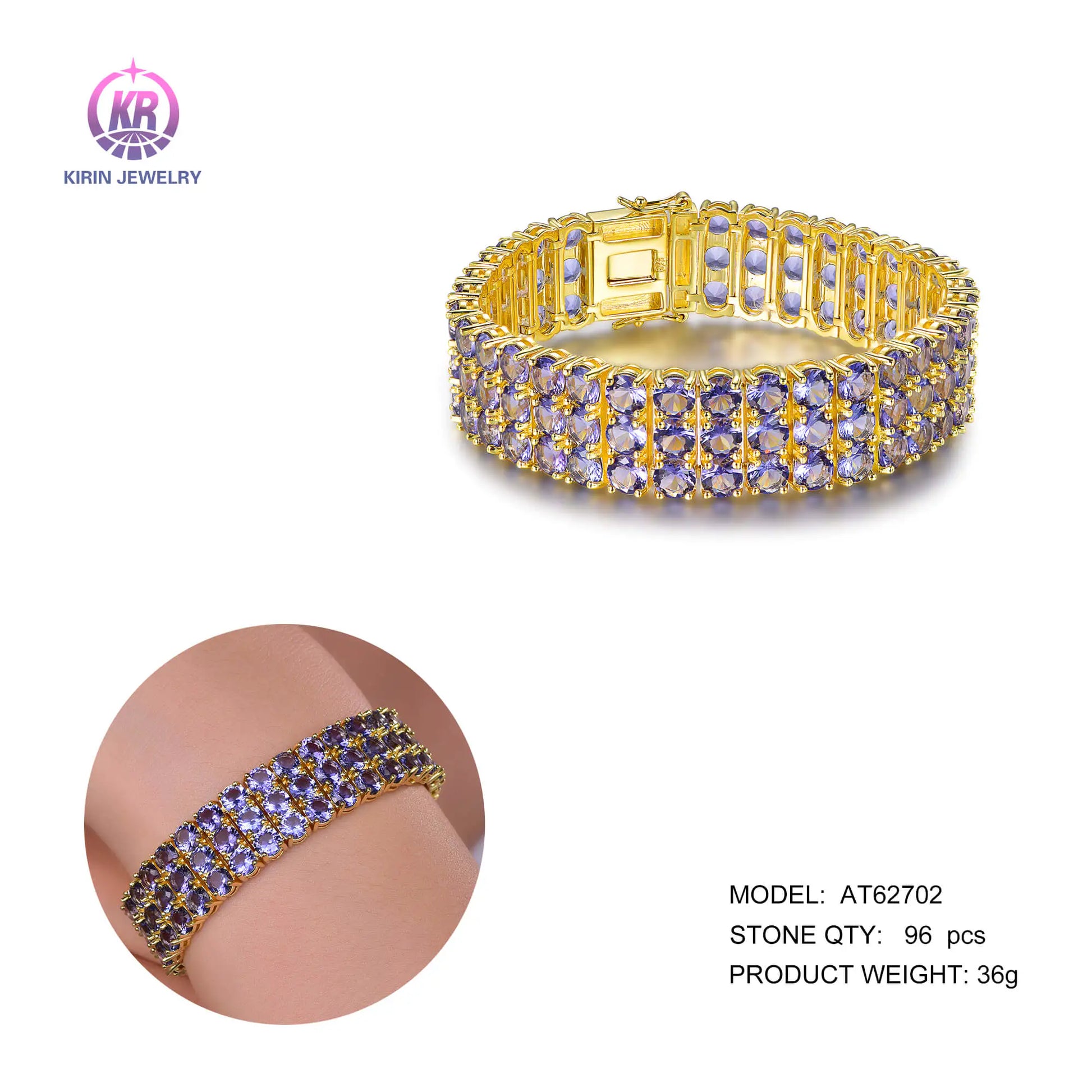 Wholesale Silver Gold Plated Purple Glass Triple Row Tennis Bracelet for Women