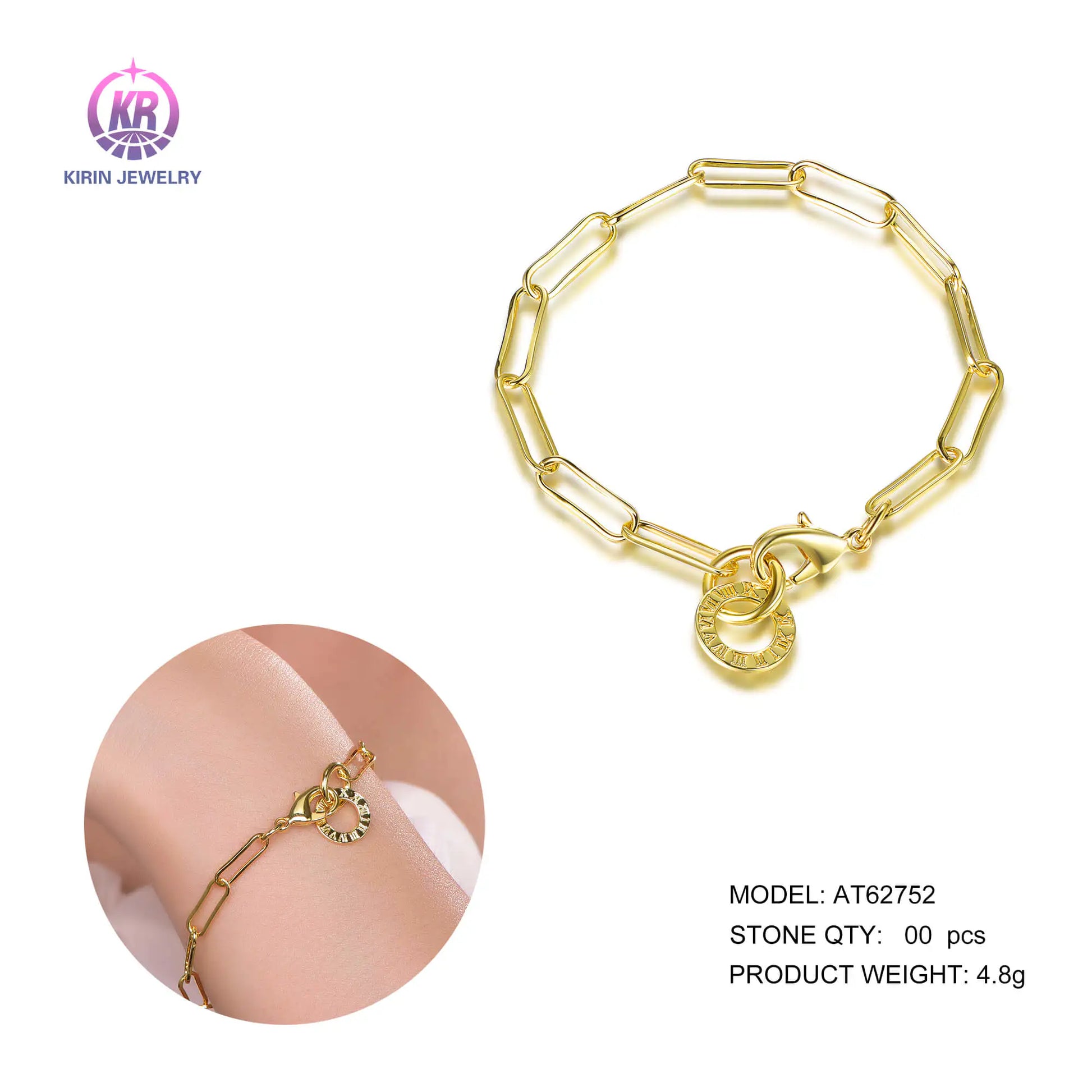 Wholesale Silver Gold Plated Roman Numerals Charm Paperclip Bracelet for Women