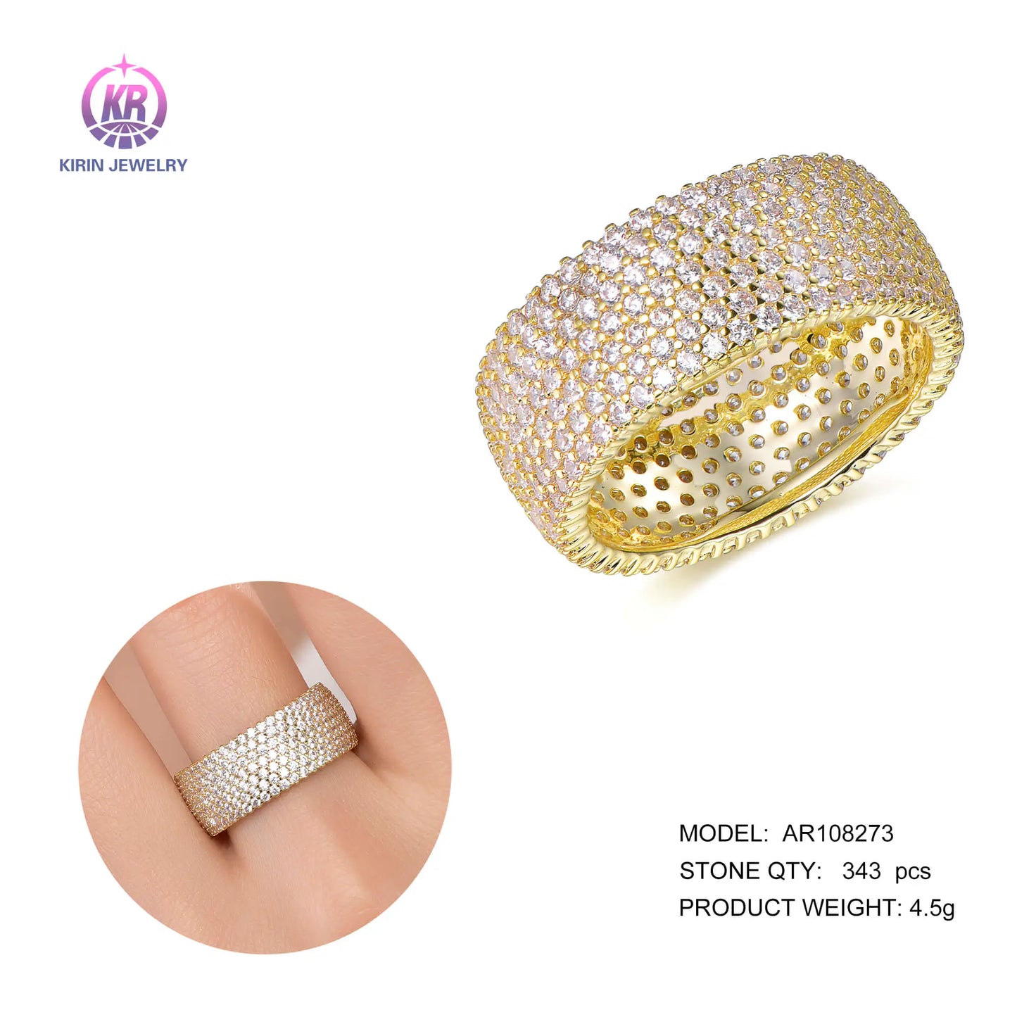 Wholesale Silver Gold Plated Round-Cut 7 Row CZ Pave Wide Eternity Band Ring for Women