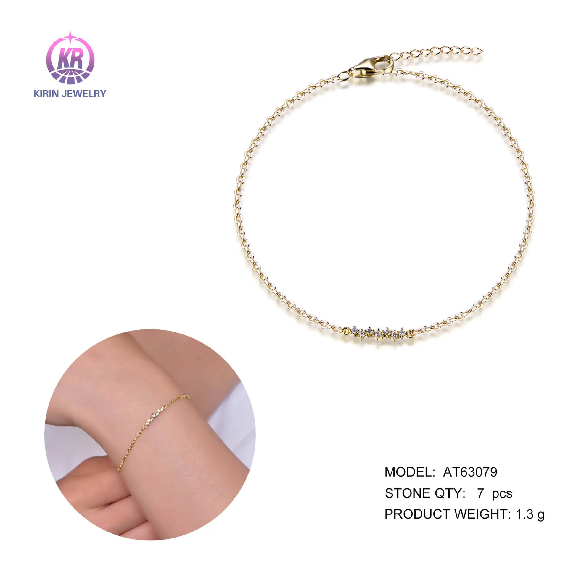 Wholesale Silver Gold Plated Seven CZ Adjustable Dainty Chain Bracelet for Women