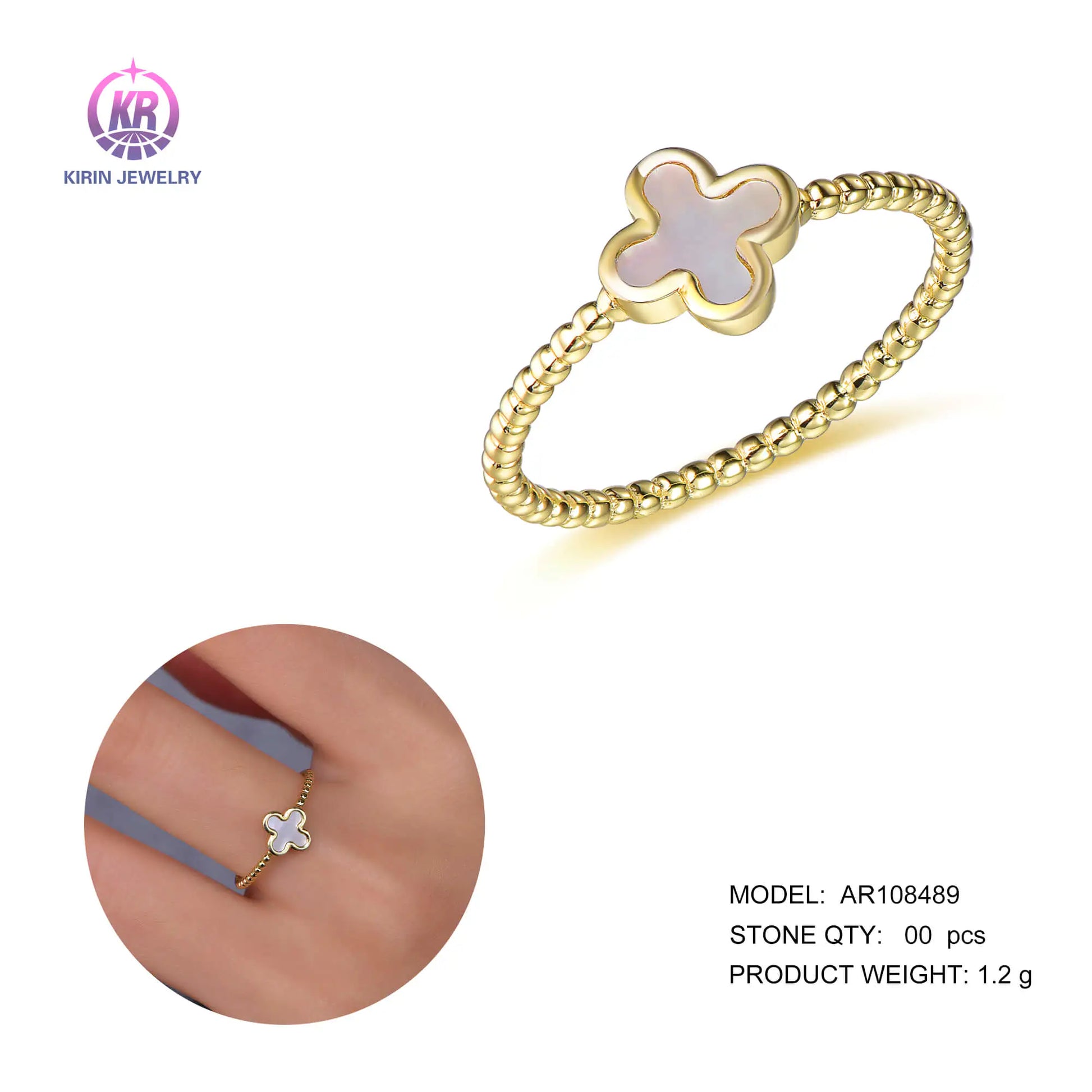 Wholesale Silver Gold Plated Shell Pearl Bead Band Four Leaf Clover Rings for Women