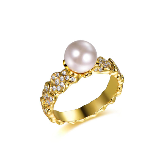 Wholesale Silver Gold Plated Shell Pearl & CZ Iced Out Diamond Band Pearl Solitaire Ring