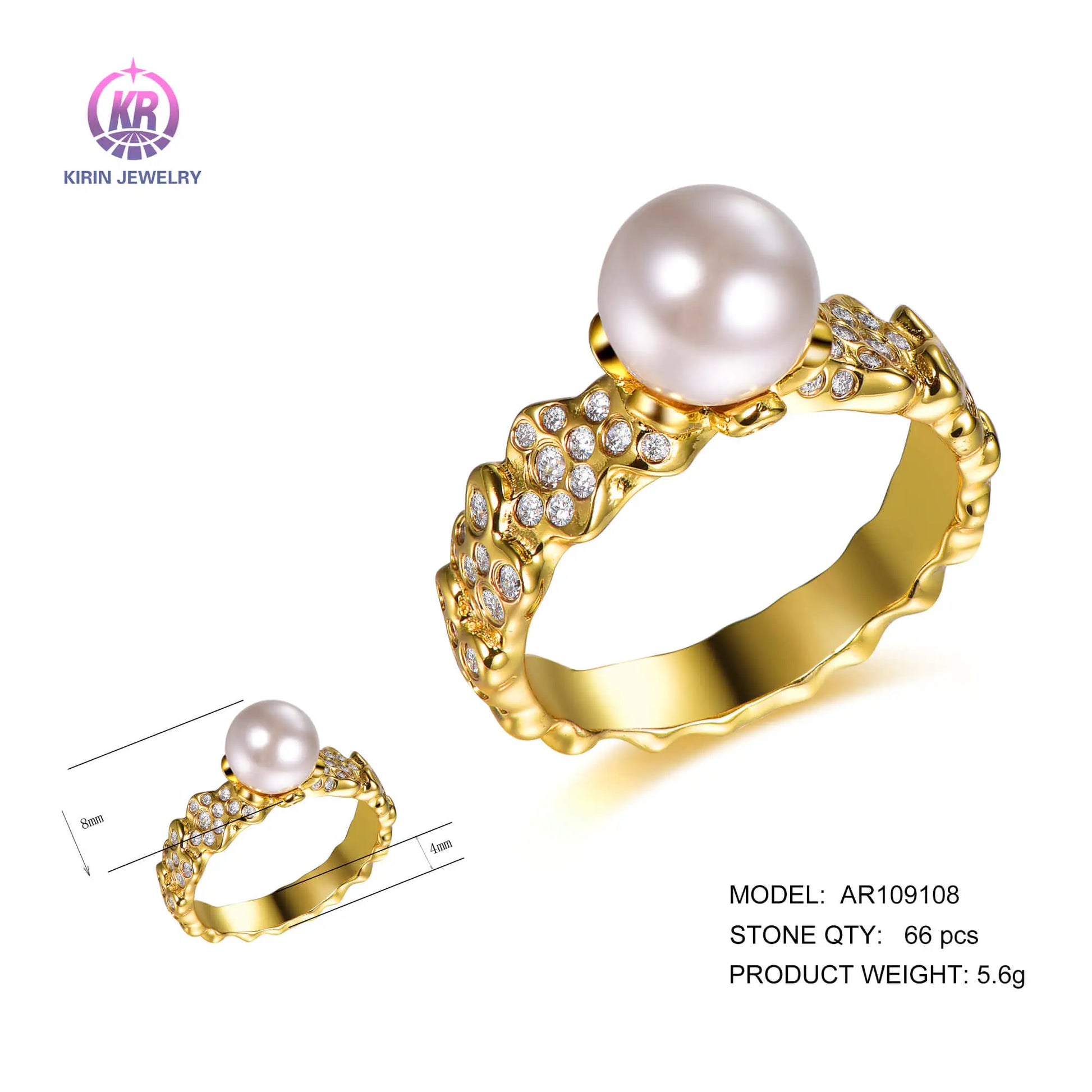 Wholesale Silver Gold Plated Shell Pearl & CZ Iced Out Diamond Band Pearl Solitaire Ring for Women