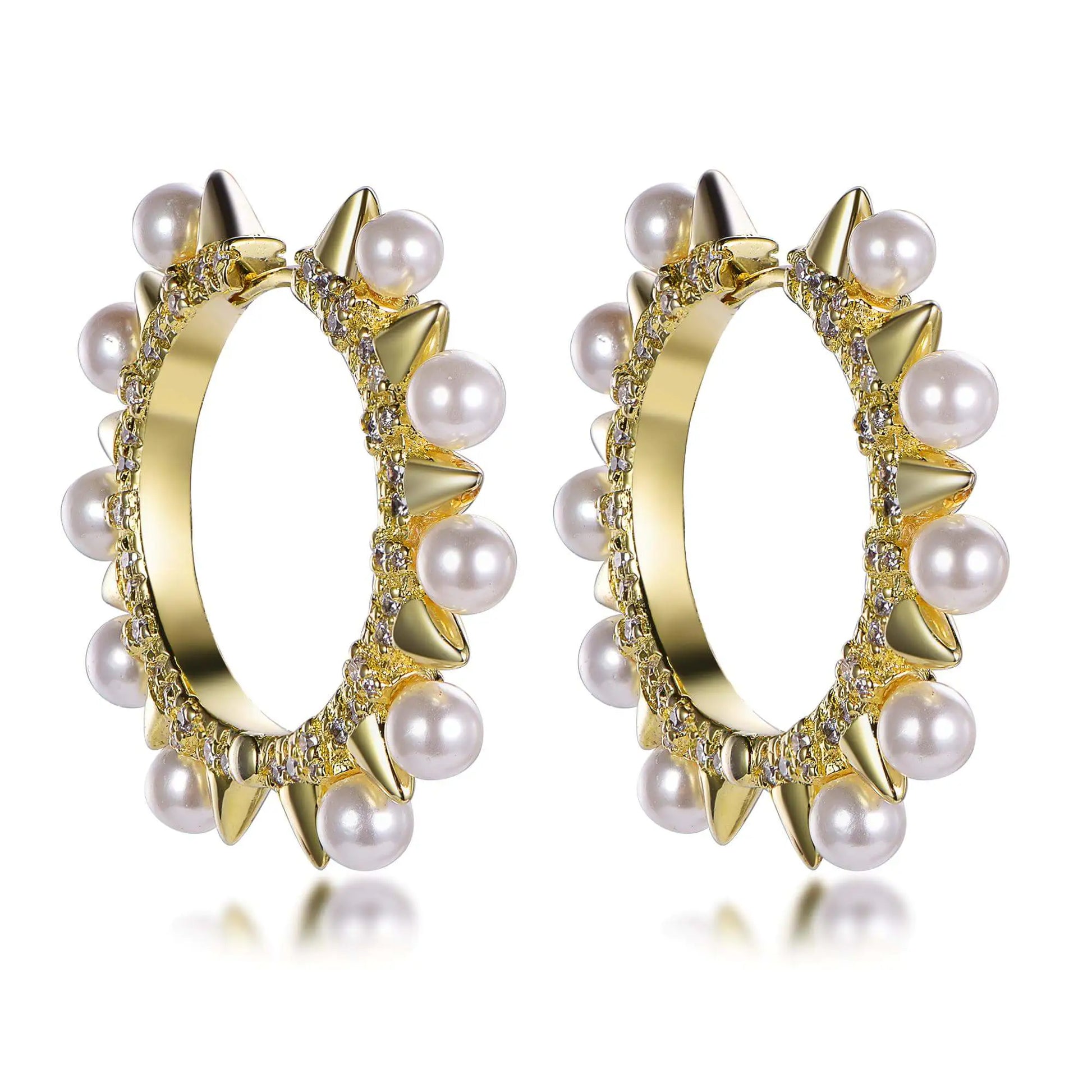 Wholesale Silver Gold Plated Shell Pearl & Cubic Zircon Unusual Rivet Hoop Earrings