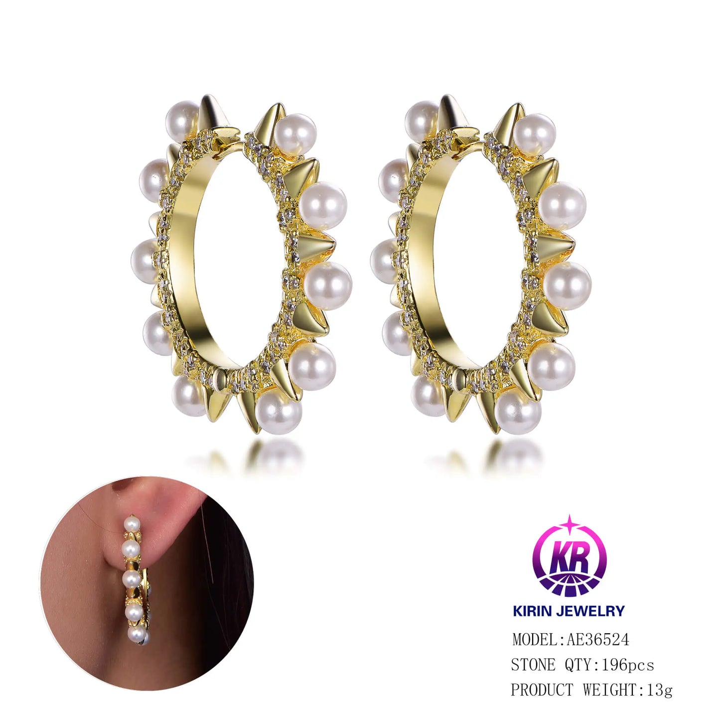 Wholesale Silver Gold Plated Shell Pearl & Cubic Zircon Unusual Rivet Hoop Earrings for Women