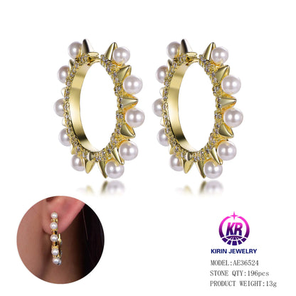 Wholesale Silver Gold Plated Shell Pearl & Cubic Zircon Unusual Rivet Hoop Earrings for Women