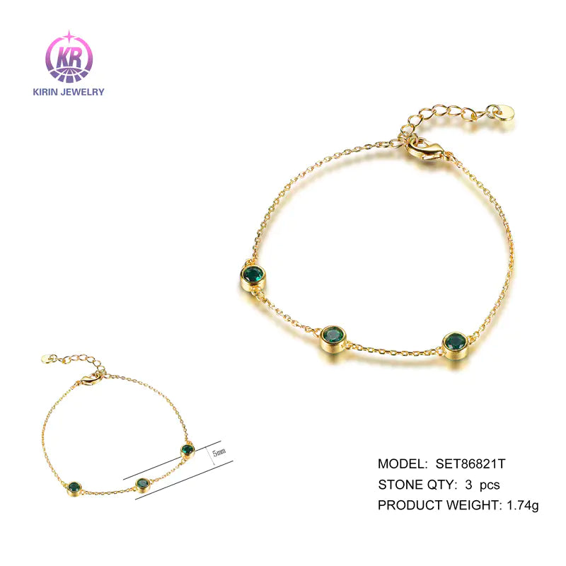 Wholesale Silver Gold Plated Spinel 3-Stone Created Emerald Green Bracelet for Women