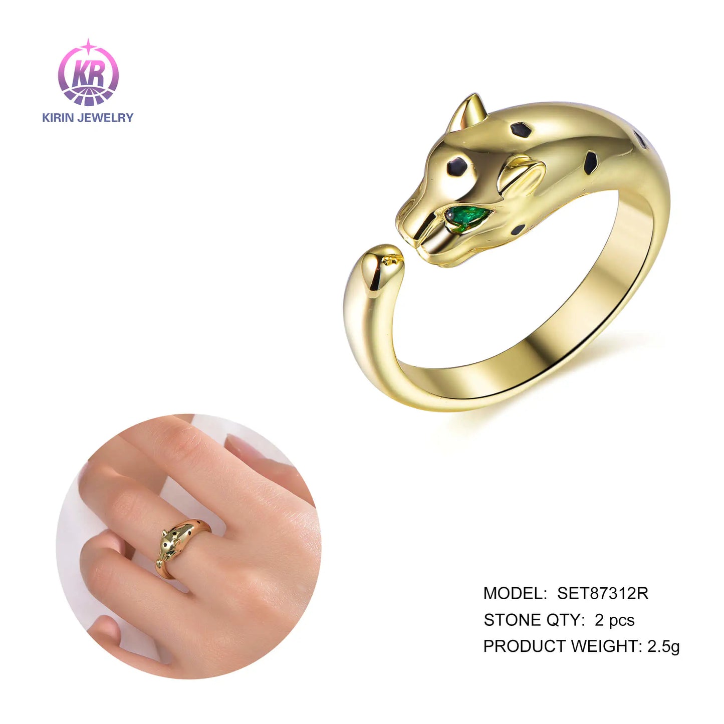 Wholesale Silver Gold Plated Spinel & Enamel Statement Animal Leopard Head Ring for Women