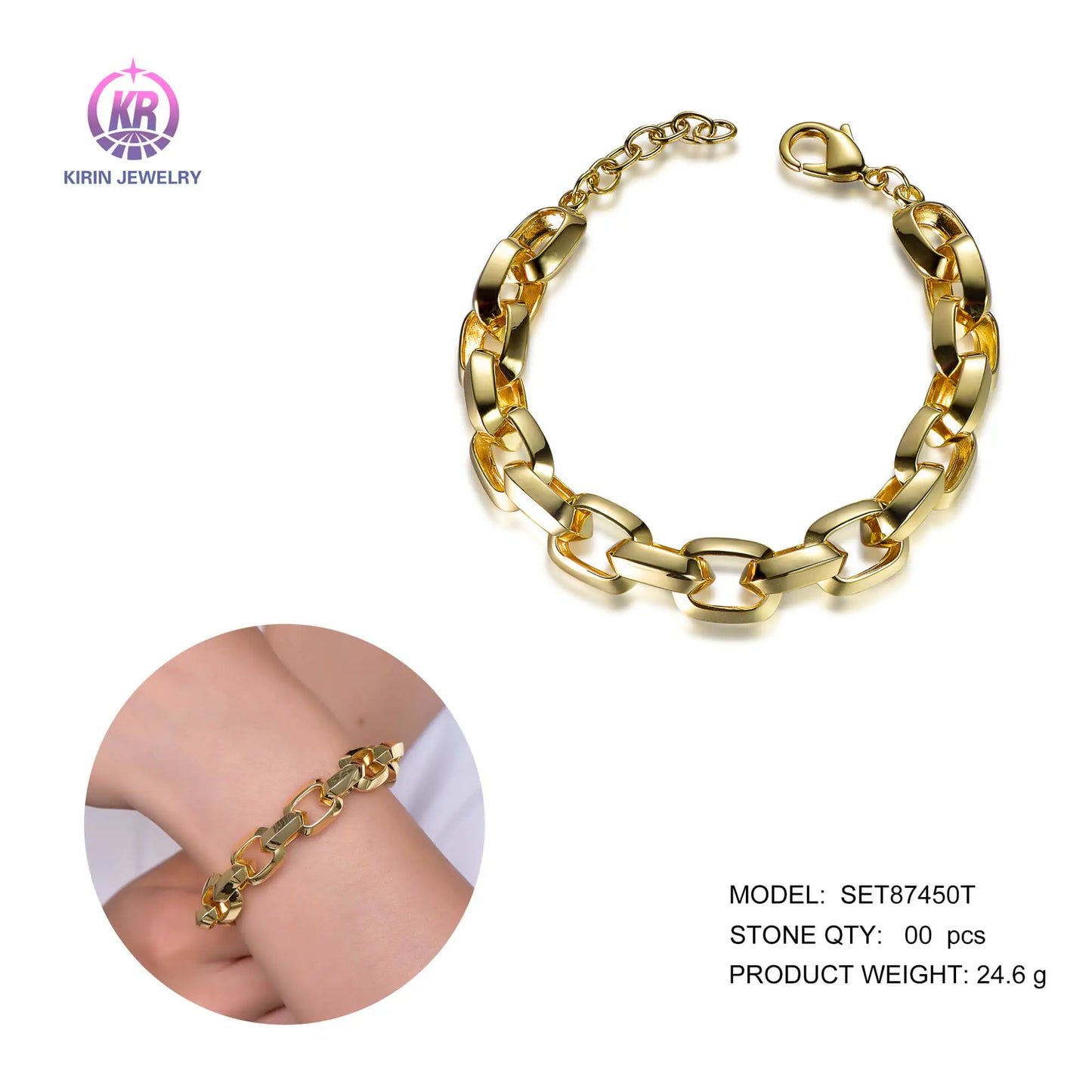 Wholesale Silver Gold Plated Thick Angular Link Adjustable Interlocking Bracelet for Women