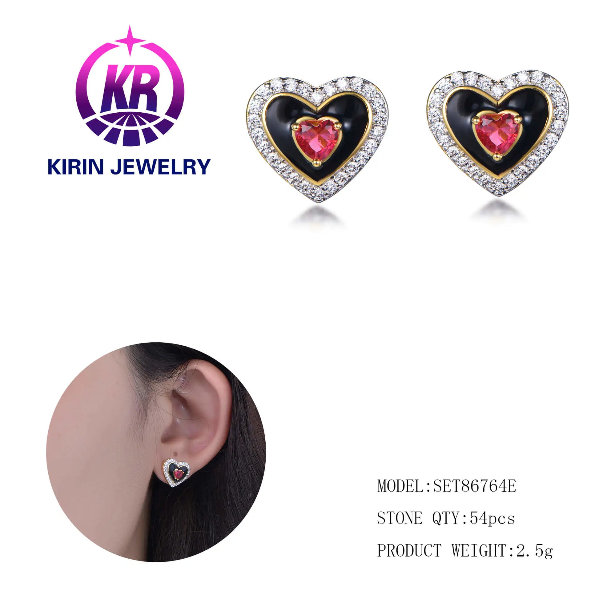 Wholesale Silver Gold & White Gold Plated CZ & Enamel & Corundum Heart Stud Earrings for Women