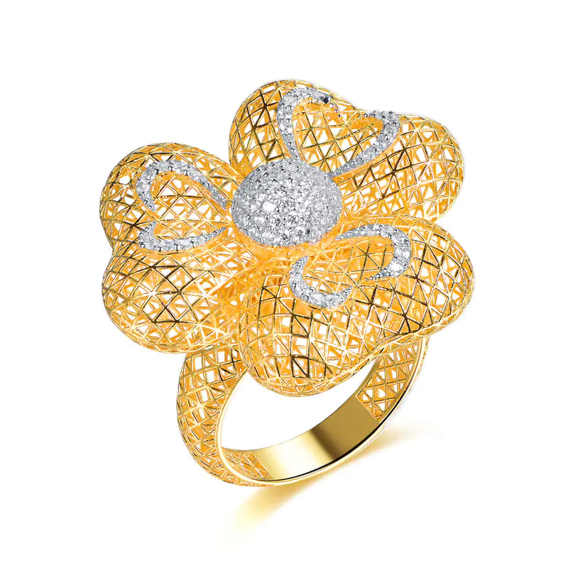 Wholesale Silver Gold & White Gold Plated CZ Hollow Flower Statement Ring