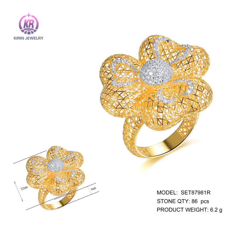 Wholesale Silver Gold & White Gold Plated CZ Hollow Flower Statement Ring for Women