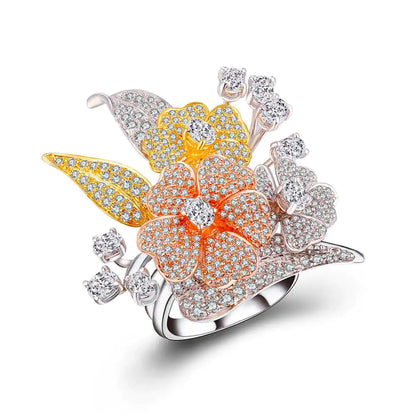 Wholesale Silver Gold & White Gold & Rose Gold Plated CZ Cocktail Flower Tri Tone Ring
