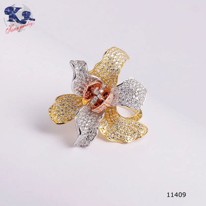 Wholesale Silver Gold & White Gold & Rose Gold Plated CZ Tri Tone Flower Ring Design for Women