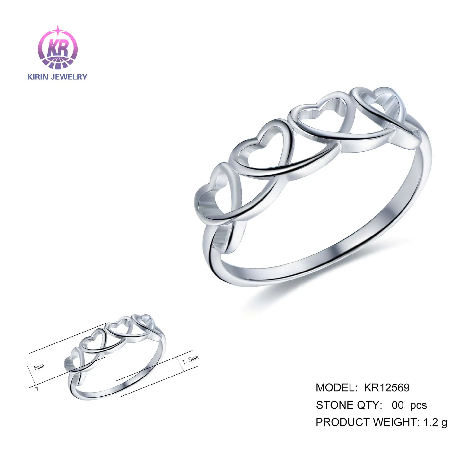 Wholesale Silver Hearts Linear Band Simple Personalized Four Hearts Ring for Women
