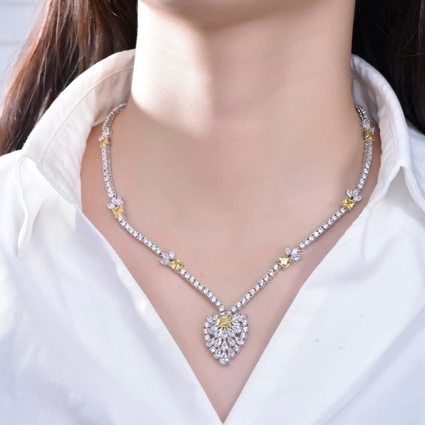 Wholesale Silver Lab Diamond & Yellow Gemstone Charm Pendant Necklace for Women