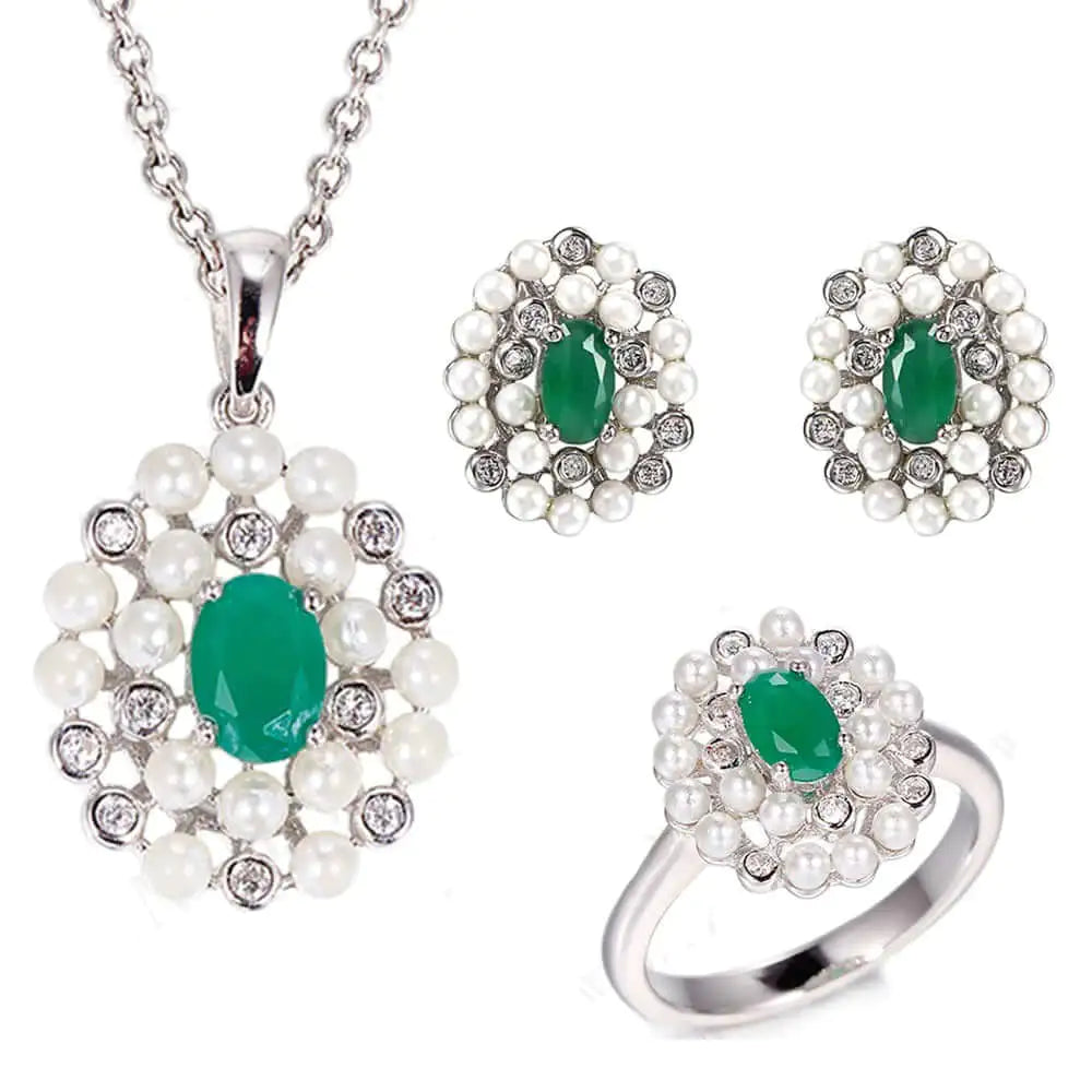 Wholesale Silver Malay Jade & CZ Oval Lab Created Emerald Flower Bridal Jewelry Sets