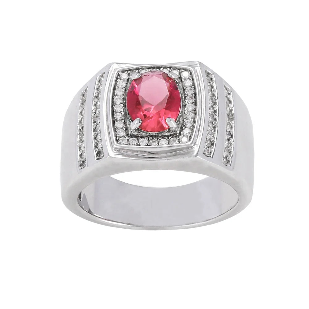 Wholesale Silver Oval Cut Simulated Ruby Chunky Signet Style Engagement Ring