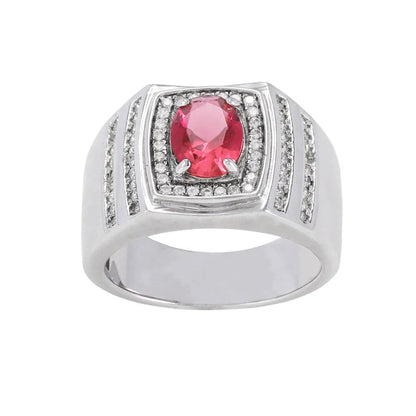 Wholesale Silver Oval Cut Simulated Ruby Chunky Signet Style Engagement Ring