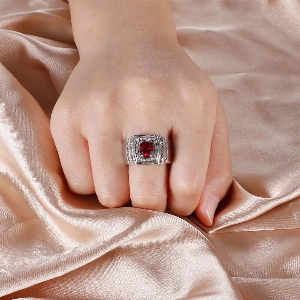 Wholesale Silver Oval Cut Simulated Ruby Chunky Signet Style Engagement Ring for Women