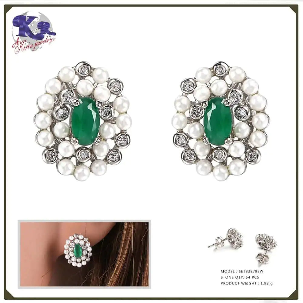 Wholesale Silver Oval Lab Created Emerald Earring Flower Bridal Jewelry Sets