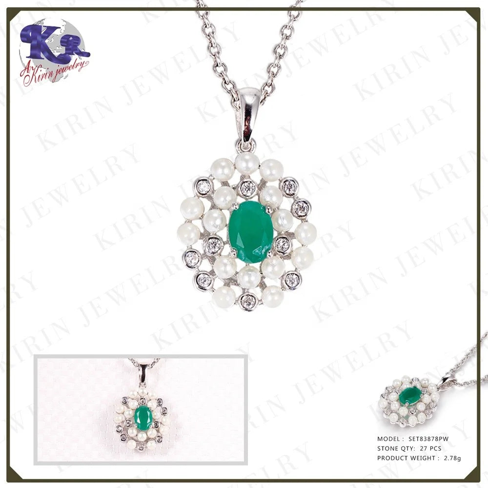Wholesale Silver Oval Lab Created Emerald Pendant Flower Bridal Jewelry Sets