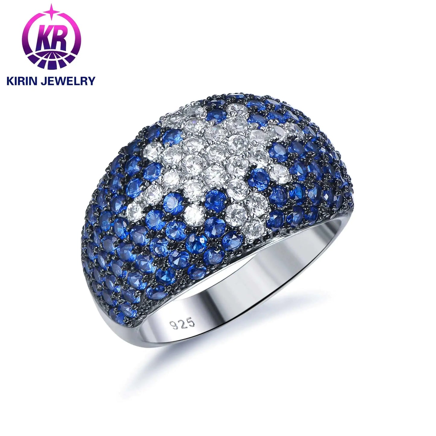 Wholesale Silver Pave Blue Spinel & CZ Statement Wide Band Engagement Rings
